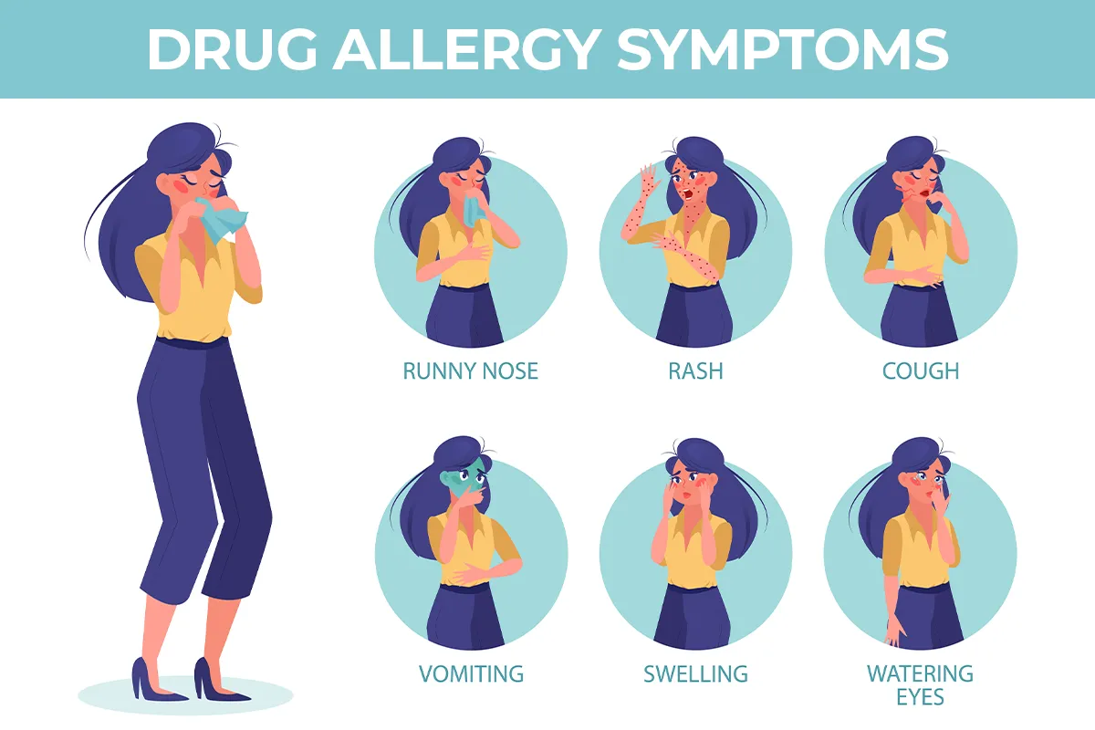 Illustration showing symptoms of drug allergies, including a woman experiencing a runny nose, rash, cough, vomiting, swelling, and watery eyes, labeled for clarity. 